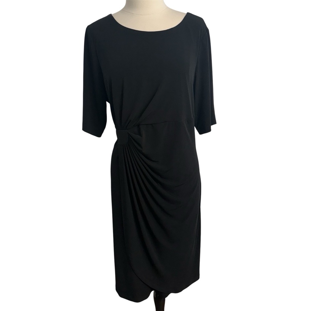 Connected Women Short Sleeve Faux-Wrap Midi Sheath Dress, Black, Size: 18W